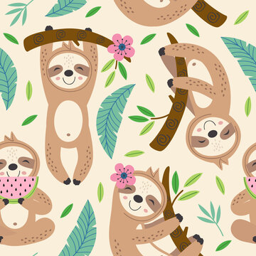 seamless pattern with cute sloth hanging on a branch
 -  vector illustration, eps