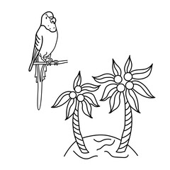 Colorful wavy parrot and island with palm trees. Black and white vector illustration in cartoon style. Circuit