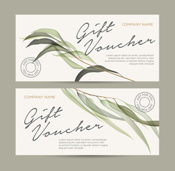 Gift card with floral decoration. Invitation card. Coupon template. Eucalyptus leaves on a light background. Background for the invitation, shop, beauty salon, spa. - 354184492