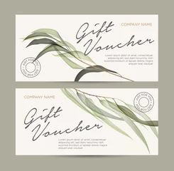 Fototapeten Gift card with floral decoration. Invitation card. Coupon template. Eucalyptus leaves on a light background. Background for the invitation, shop, beauty salon, spa. © Oscar Ghost