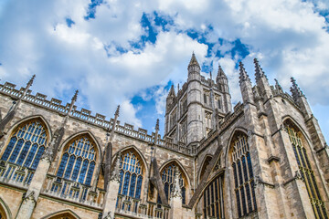 Fototapeta na wymiar Angled perspective of Gothic Bath Abbey - a parish church of the Church of England and former Benedictine monastery in Bath Somerset England