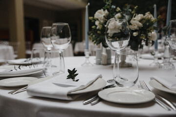 table, restaurant, dinner, wedding, glass, setting, banquet, dining, party, plate, decoration, napkin, white, tablecloth, food, catering, wine, luxury, reception, celebration, fork, event, elegant