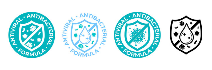 Antibacterial hand gel icon, anti bacterial antiseptic wash, vector logo. Covid coronavirus clean hygiene label, antiviral sanitizer protection shield sign, medical antibacterial alcohol hand wash