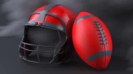 American football Red-Glay helmet and Red-Glay Ball with dark black toned foggy smoke under black-white laser lighting. 3D illustration. 3D high quality rendering.