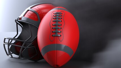 American football Red-Glay helmet and Red-Glay Ball with dark black toned foggy smoke under black-white laser lighting. 3D illustration. 3D high quality rendering.