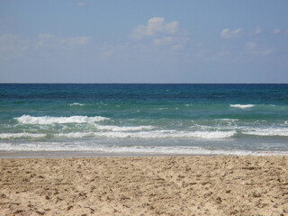Fototapeta na wymiar Sand, Surf, Sea, Sky - Mediterranean Sea, Israel