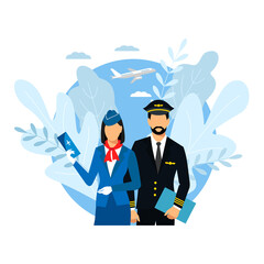 Flight attendant and a pilot- vector illustration. stewardess with a ticket in hand and a pilot on a background leaves. airplane travel concept