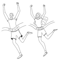 Set of hand drawn vector illustration. Winning happy man and woman resort to the finish line. Winners people concept. Contour doodle drawing in simple flat style isolated on white. Elements for design