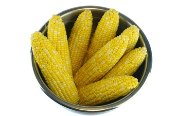 Close up on boiled corn cob inside container