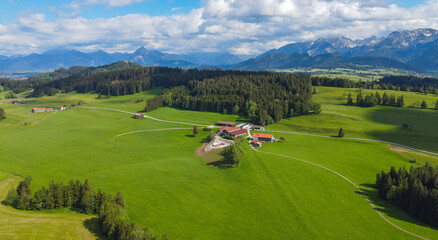 Fototapeta na wymiar Amazing nature of Bavaria in the Allgau district of the German Alps - aerial view