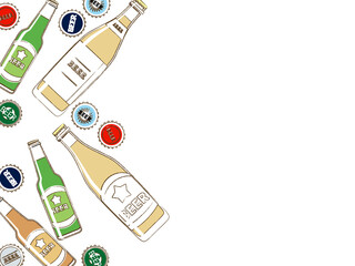 シンプルなビールのイラスト背景、瓶とキャップ