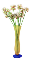 Fototapeta premium Spring clover blossoms in a yellow vase with blue base. Isolated.