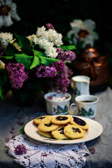 lavender shortbread on a table in a spring garden..style vintage