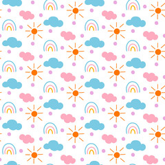 Cute rainbow, clouds and sun hand drawn seamless vector pattern. Cute childish drawing in Scandinavian style. Baby wrapping paper, textile, fabric, wallpaper, apparel. vector illustration