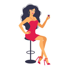 Sitting woman in bar with glass in hand.