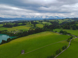Fototapeta na wymiar Amazing nature of Bavaria in the Allgau district of the German Alps - aerial view