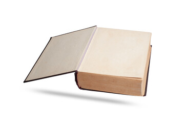  open old book with blank hardback pages isolated on white background
