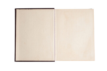  open old book with blank hardback pages isolated on white background