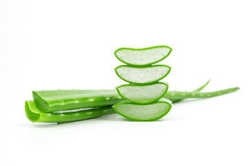 Slices of fresh aloe vera plant and aloe vera stalk or leaves with water dropping isolate on white...