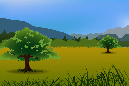 Big Tree And Field Scape Vector