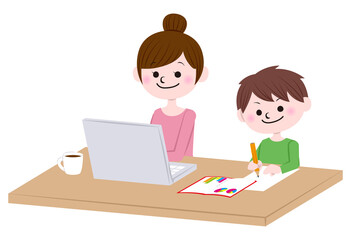 Illustration of woman working from home and child doing homework