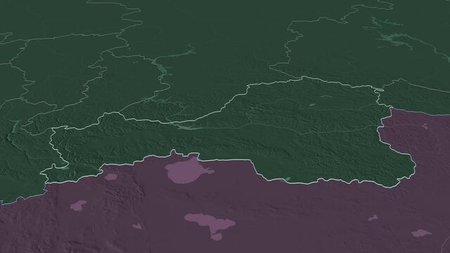 Tuva, republic with its capital, zoomed and extruded on the administrative map of Russia in the conformal Stereographic projection. Animation 3D
