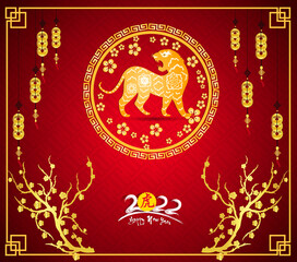 Chinese new year 2022 - year of the Tiger. Lunar New Year banner design template.  Zodiac sign. Abstract flower texture.  Horoscope symbol 2022