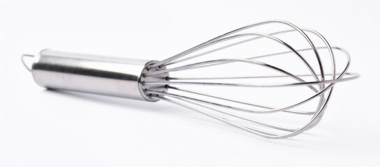 stainless steel whisk on white background