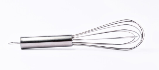 stainless steel whisk on white background