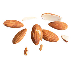almond piece fly explosion on white isotated .Clipping path