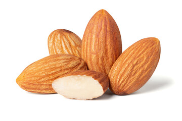 Raw Almond three .Almond nut Full depth of field piece. On a white isolated