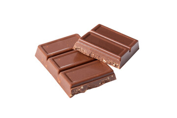Two Chocolate bar pieces  on white background isolated from side view  .Image stack Full depth of field macro