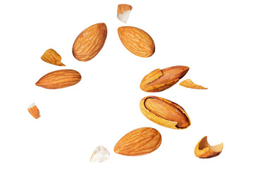almond pieces Broken shell nut Flying with nut clipping path on white isolated . image stack High resolution image
