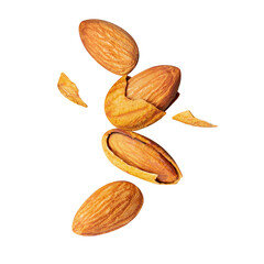 almond pieces Broken shell nut Flying with nut clipping path on white isolated . image stack High resolution image