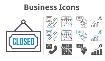 business icons icon set included profits, shop, closed, phone call, placeholder icons