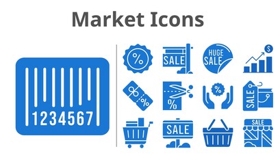 market icons set. included profits, shopping bag, sale, shop, voucher, shopping cart, discount, shopping-basket, barcode icons. filled styles.