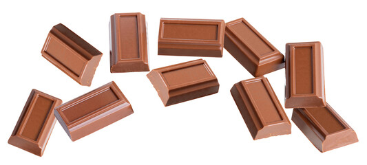 sweet milk chocolate piece fly on white isolated