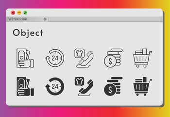 object icon set. included 24-hours, money, shopping cart, phone call icons on white background. linear, filled styles.