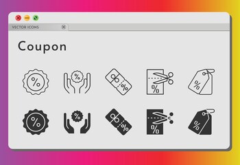 coupon icon set. included voucher, price tag, discount icons on white background. linear, filled styles.