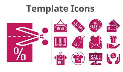 template icons set. included newsletter, sale, shirt, voucher, price tag, discount, jacket, credit card, barcode, open icons. filled styles.