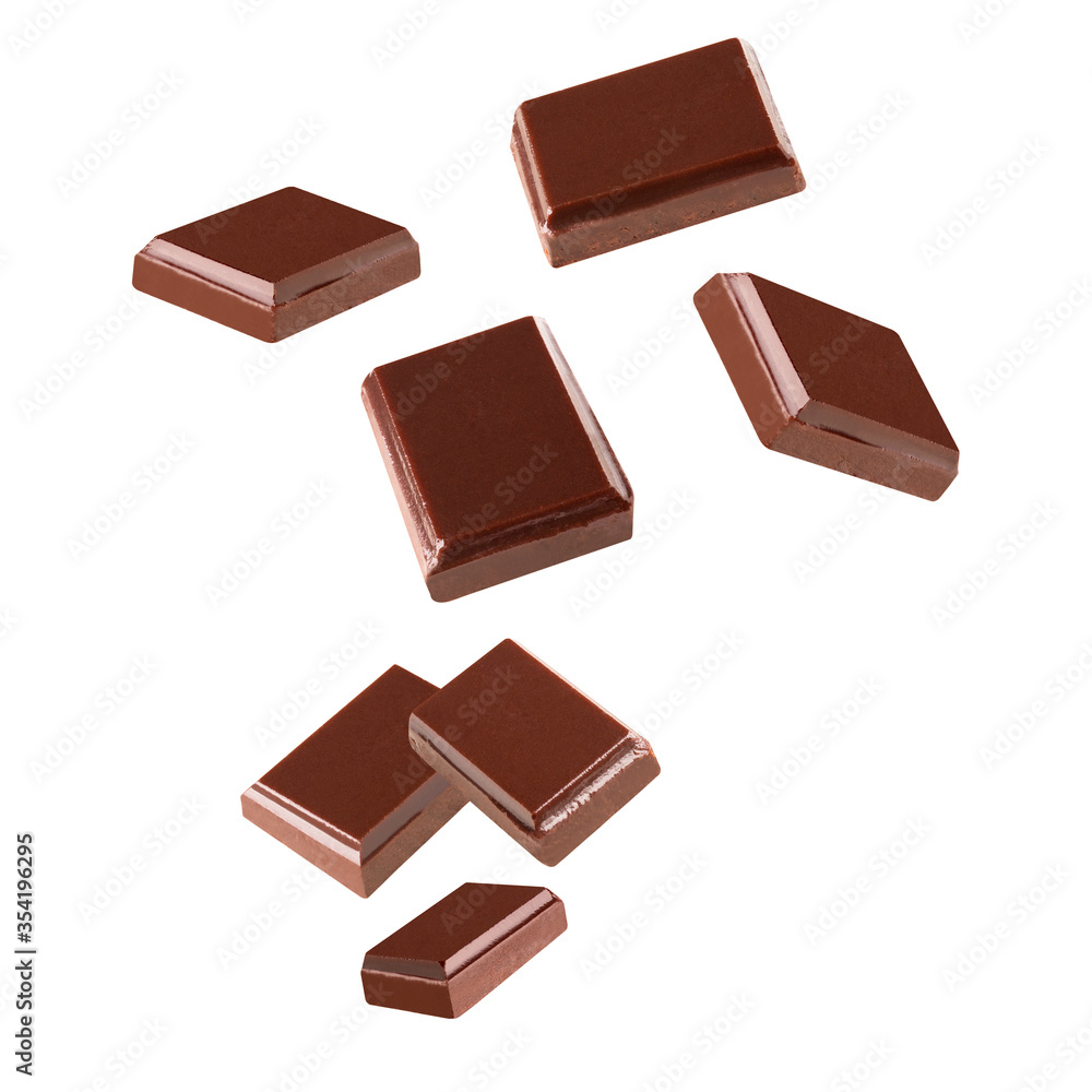 Sticker Three dark chocolate pieces  on a white background .Clipping path