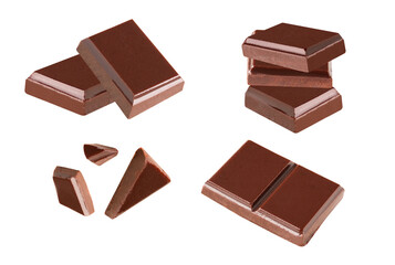 Three dark chocolate pieces set on a white background .Clipping path