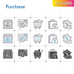 purchase icon set. included online shop, shopping bag, shop, mortgage, shopping cart icons on white background. linear, bicolor, filled styles.