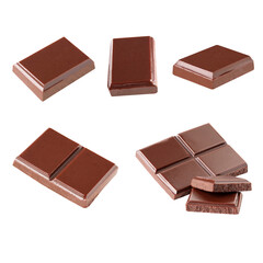 Three dark chocolate pieces set on a white background .Clipping path