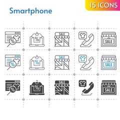 smartphone icon set. included online shop, shop, phone call icons on white background. linear, bicolor, filled styles.