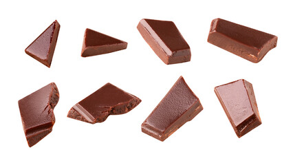 chocolate  flying  pieces in the air on a white background collection .Clipping path.