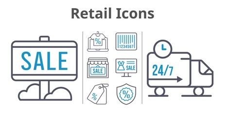 retail icons set. included online shop, sale, shop, price tag, warranty, delivery truck, barcode icons. bicolor styles.