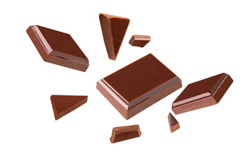 chocolate  flying  pieces in the air on a white background collection .Clipping path.