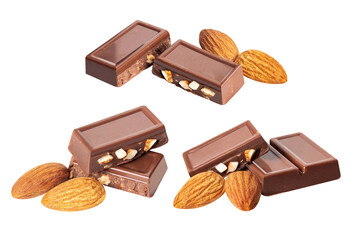 set Almond Chocolate bar pieces  on white background  isolated  from side view   .Image stack Full depth of field macro