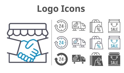 logo icons icon set included handshake, shopping bag, 24-hours, delivery truck icons